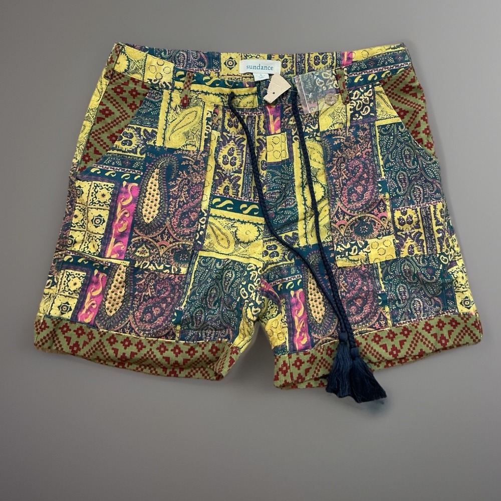Sundance Yellow Paisley Patchwork Drawstring Shorts with Navy Tassel
